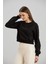 Kadın Bisiklet Yaka Iki Iplik Basic Siyah Crop Sweatshirt 2