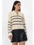 Kadın Çizgili Fermuarlı Örme Kazak Beyaz 10