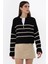 Kadın Çizgili Fermuarlı Örme Kazak Siyah 7