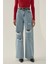 Kadın Yırtık Yüksek Bel Geniş Paça Denim Jeans Maya Mavisi 12