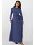 Kadın Dokulu Bisiklet Yaka Kuşaklı Modest Elbise Blue 14