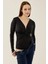 Kadın V Yaka Uzun Kollu Slim Fit Bodysuit Black 12