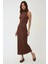 Kadın Dokulu Halter Yaka Vücut Saran Maxi Elbise Kahverengi 11