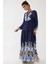 Kadın Baskılı Uzun Kol Viskon Modest Elbise Blue 15