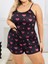 Büyük Beden Siyah Kalp Desen Ince Askılı Pamuklu Şortlu Pijama Takımı 2