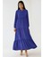 Kadın Dokulu Bağlama Detaylı Bisiklet Yaka Modest Elbise Blue 18