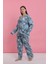 Moda Kadın Büyük Beden Mavi Tropikal Desenli Düğmeli Pijama Takımı 3