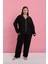 Moda Kadın Büyük Beden Siyah Beyaz Biyeli Desenli Düğmeli Pijama Takımı 3