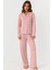 Kadın Gömlek Yakal Ekstra Yumuşak Rahat Kesim Uzun Kollu Pijama Takımı Pink 1