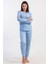 Kadın Mavi Renk Uzun Kollu Bisiklet Yaka Lastikli Paça Pijama Takımı C6T8N0305 1