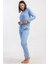 Kadın Mavi Renk Uzun Kollu Bisiklet Yaka Lastikli Paça Pijama Takımı C6T8N0305 2