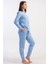 Kadın Mavi Renk Uzun Kollu Bisiklet Yaka Lastikli Paça Pijama Takımı C6T8N0305 3