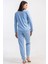 Kadın Mavi Renk Uzun Kollu Bisiklet Yaka Lastikli Paça Pijama Takımı C6T8N0305 4