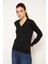 Kadın Siyah %100 Organik Pamuk V Yaka Triko Kazak Bluz TRIST-6102 1