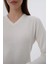 Kadın Ekru %100 Organik Pamuk V Yaka Triko Kazak Bluz TRIST-6102 11