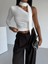 Asimetrik Yaka Fularlı Tek Kol Omuz Detaylı Sandy Kumaş Crop / Bluz 1