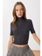Dik Yaka Crop Fitilli Örme Bluz LUB0295 Antrasit 2