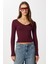 Uzun Kollu V Yaka Örme Bluz LUB0293 Bordo 2