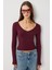 Uzun Kollu V Yaka Örme Bluz LUB0293 Bordo 3