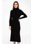 Kadın Boğazlı Triko Elbise – Uzun Fitilli Esnek Dokuma, Tam Kalıp, Kışlık & Baharlık Şık Rahat Stil, 130 cm Midi Boy Elbise - Siyah 2
