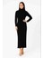 Kadın Boğazlı Triko Elbise – Uzun Fitilli Esnek Dokuma, Tam Kalıp, Kışlık & Baharlık Şık Rahat Stil, 130 cm Midi Boy Elbise - Siyah 4