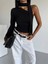 Asimetrik Yaka Fularlı Tek Kol Omuz Detaylı Sandy Kumaş Crop / Bluz 1