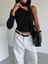 Asimetrik Yaka Fularlı Tek Kol Omuz Detaylı Sandy Kumaş Crop / Bluz 2