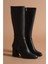 Kadın Siyah Topuklu Deri Görünümlü Fermuarlı Uzun Çizme 2