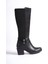 Siyah Deri Görünümlü Arkası Streç Esnek Kalın Orta Yüksek Topuklu Toka Detaylı Fermuarlı Uzun Çizme 3