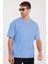 Unisex Oversize Geniş Kesim %100 Pamuk Yumuşak Dokulu Basic Bisiklet Yaka Mavi Tişört 3