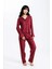 Kadın Bordo Raporlu Kaşkorse Doku Seoul Uzun Kol Üst Pantolon Pijama Takım 1