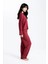 Kadın Bordo Raporlu Kaşkorse Doku Seoul Uzun Kol Üst Pantolon Pijama Takım 3