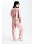 Kadın Pudra Raporlu Kaşkorse Doku Seoul Uzun Kol Üst Pantolon Pijama Takım 4
