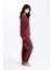 Kadın Bordo Pari Raporlu Kaşkorse Doku Seoul Uzun Kol Üst Pantolon Pijama Takım 3