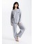 Kadın Gri Melanj Raporlu Kaşkorse Doku Seoul Uzun Kol Üst Pantolon Pijama Takım 1