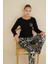Kadın Desenli Bisiklet Yaka Düğmesiz Mevsimlik Likra Viskon Uzun Kollu Pijama Takımı 4