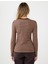 Kahverengi Bisiklet Yaka Çizgi Desenli Nakış Detaylı Örme Bluz 5
