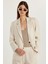 Kadın Slim Fit Uzun Kollu Mono Yaka Düğmeli Ekru Ceket Pantolonlu Takım 2