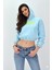 Kadın Neon Christian Drop Yazılı Kapüşonlu Crop Kesim Mavi Sweatshirt Nakış Işlemeli 1