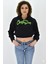 Kadın Neon Christian Drop Yazılı Kapüşonlu Crop Kesim Siyah Sweatshirt Nakış Işlemeli 1