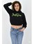 Kadın Neon Christian Drop Yazılı Kapüşonlu Crop Kesim Siyah Sweatshirt Nakış Işlemeli 2
