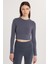 Kadın Slim Fit Pamuklu Düz Bisiklet Yaka Antrasit Bluz 3