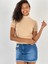 Kadın Kısa Kollu Boğazlı Crop Bej Triko Bluz 5