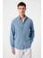 Mavi Keten Karışımlı Yaka Düğmeli Erkek Gömlek 1