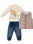 Çiçekli Kapitone Kapüşonlu Yelek Denım Pantolon Üçlü Alt Üst Takım - NEC243272-KAHVERENGI-4 - 5 Yaş Kahverengi 1