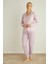 Toz Pembe Puan Desenli Termal Önden Düğmeli Uzun Kollu Kadın Pijama Takımı 4