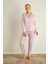 Toz Pembe Puan Desenli Termal Önden Düğmeli Uzun Kollu Kadın Pijama Takımı 5