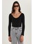 Kadın Modal Kumaş Slim Fit Dar Kesim Uzun Kollu Kayık Yaka Siyah Bluz 2