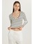 Kadın Slim Fit Dar Kesim Uzun Kollu Bisiklet Yaka Çizgili Bluz 4