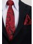 8 cm Hand Made Siyah - Kırmızı Desenli Mendilli Kravat 3